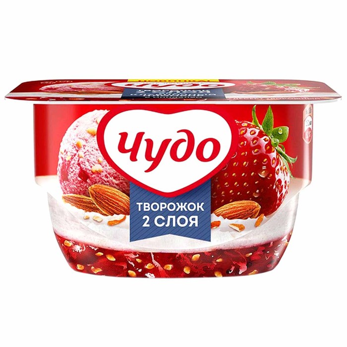 Десерт творожный Чудо клубника-пломбир-миндаль 4,3% 100гр пэт