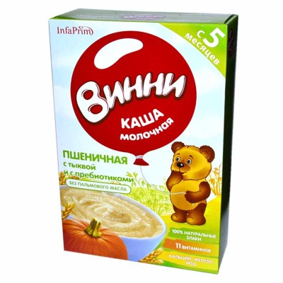 Каша Винни пшеничная молочная с тыквой и с пребиотиками 200гр к/у
