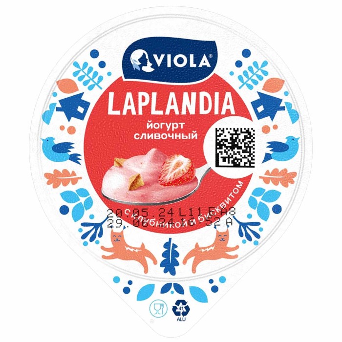 Йогурт Viola Laplandia сливочный с клубникой и бисквитом 7,2% 180гр пэт