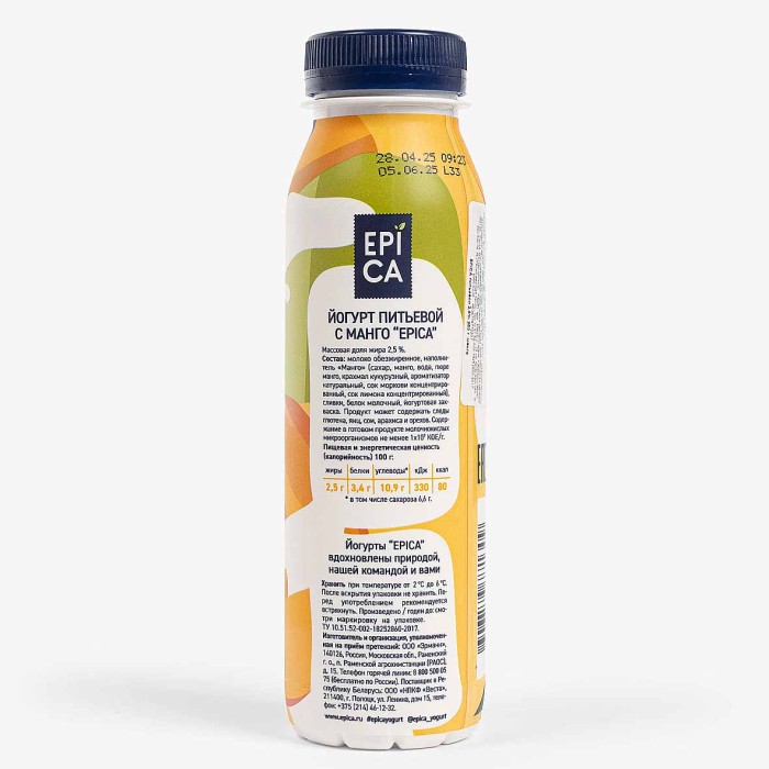 Йогурт EPICA Питьевой  с манго 2,5% 260гр пэт