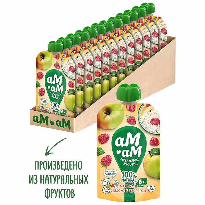 Пюре Ам-ам из яблок и малины с творогом с 6мес 90гр пауч
