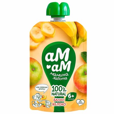 Пюре Ам-ам из яблок и банана с 6мес 90гр пауч