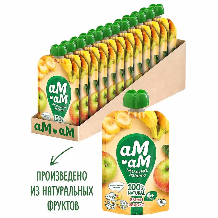Пюре Ам-ам из яблок и банана с 6мес 90гр пауч
