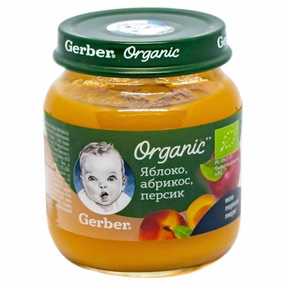 Пюре Gerber яблоко-абрикос-песрик с 5мес 125гр ст/б