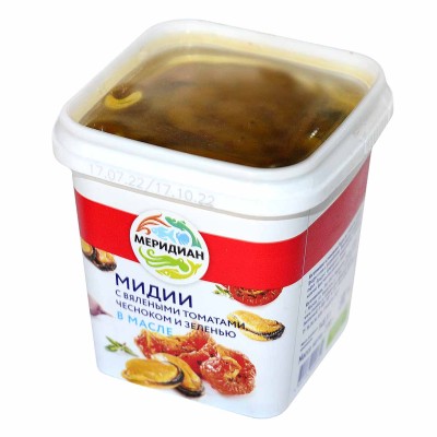 Мидии Меридиан в масле с вялеными томатами,чесноком и зеленью 270гр пэт