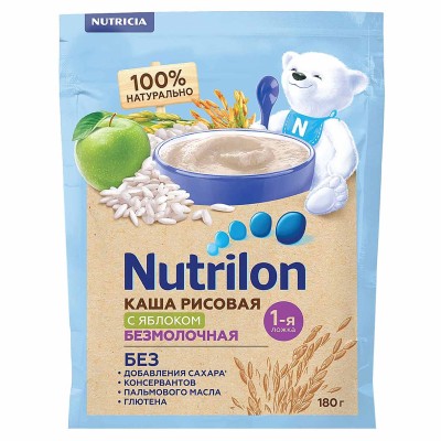Каша Nutrilon рисовая безмолочная с яблоком с 4мес 180гр д/п