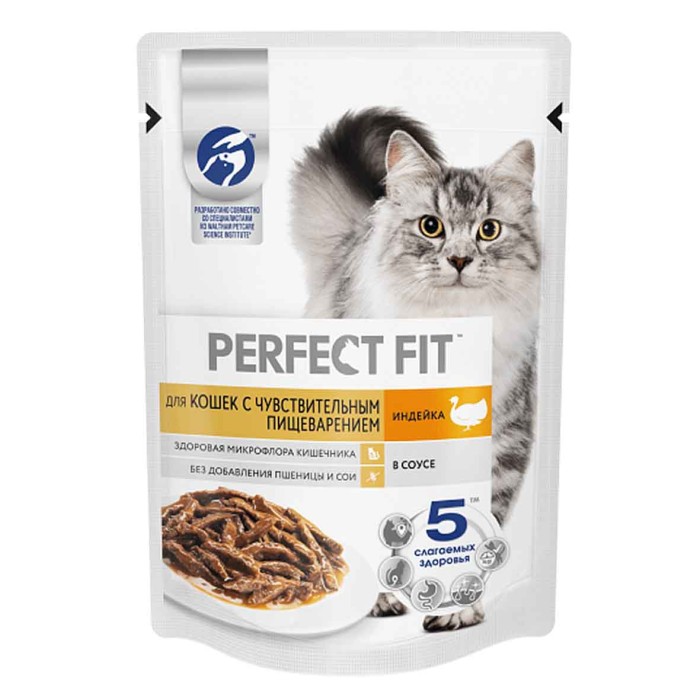 Корм для кошек Perfect Fit чувствительным пищеварением индейка 75гр пауч