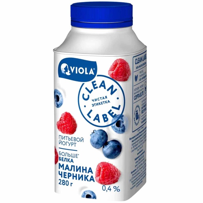 Йогурт питьевой Viola Clean Label Малина-Черника 0,4% 280гр пэт