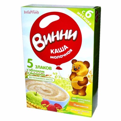 Каша Винни 5 злаков молочная с яблоком и малиной с 6мес 200гр к/у
