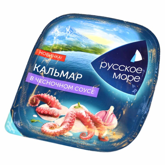 Салат Русское море из кальмаров кусочки в чесночном соусе 150гр пэт