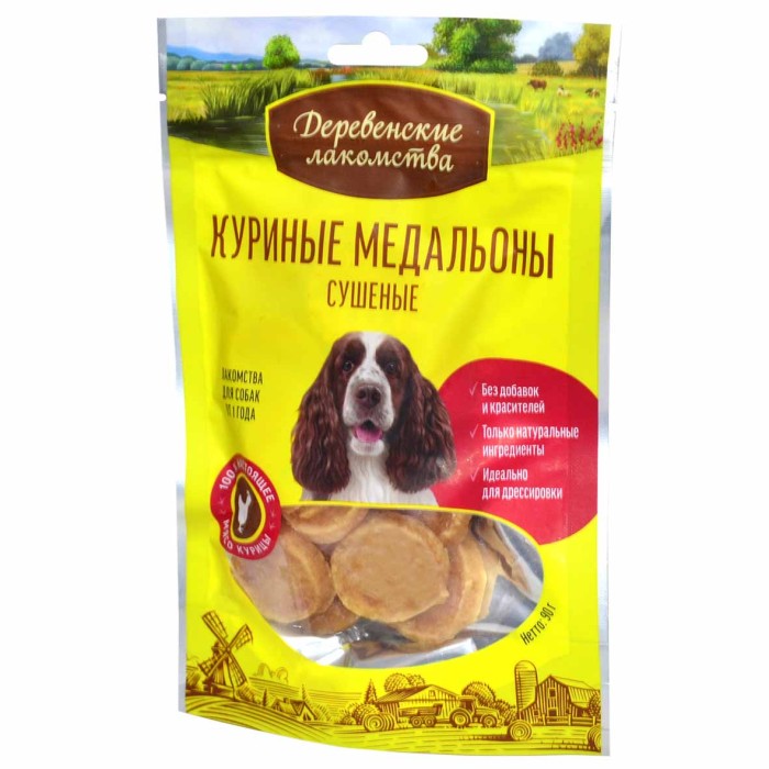 Лакомство для собак Деревенские лакомства куриные медальоны сушеные 90гр д/п