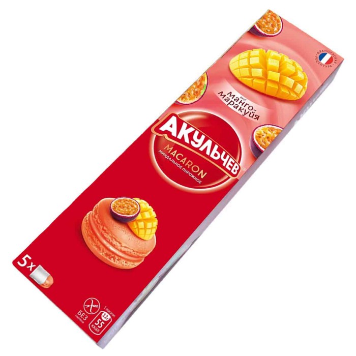 Пирожное Акульчев Macaron миндальное со вкусом манго-маракуйя 60гр к/у