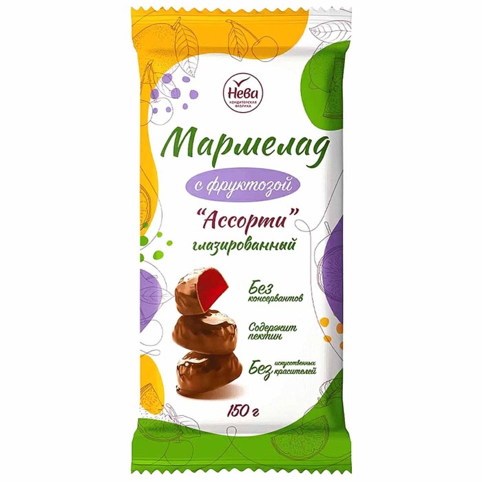 Мармелад Нева Ассорти ароматизированный с фруктозой глазир 150гр м/у