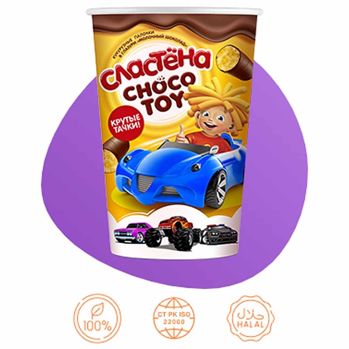 Палочки кукурузные Сластена Choco toy Крутые тачки молочный шоколад 100гр м/у