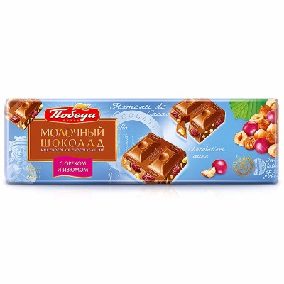 Шоколад Победа Молочный с лесным орехом и изюмом 220гр м/у