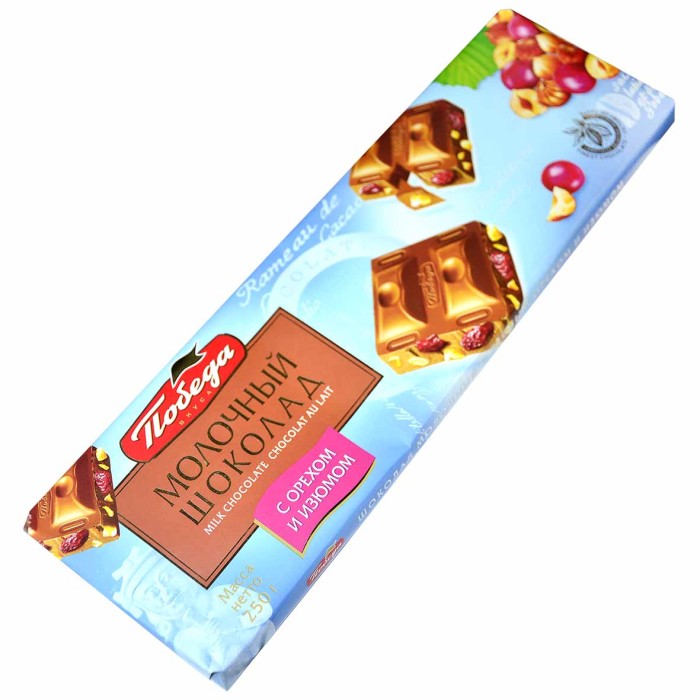 Шоколад Победа Молочный с лесным орехом и изюмом 220гр м/у