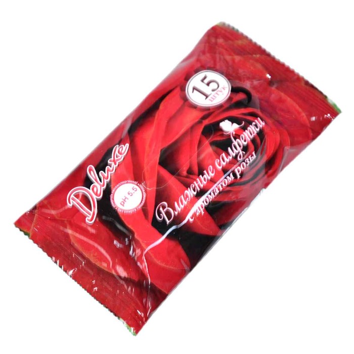 Салфетки влажные Deluxe с ароматом розы 15шт м/у