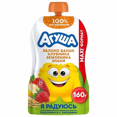 Пюре Агуша Яблоко-банан-клубника-злаки 160гр пауч