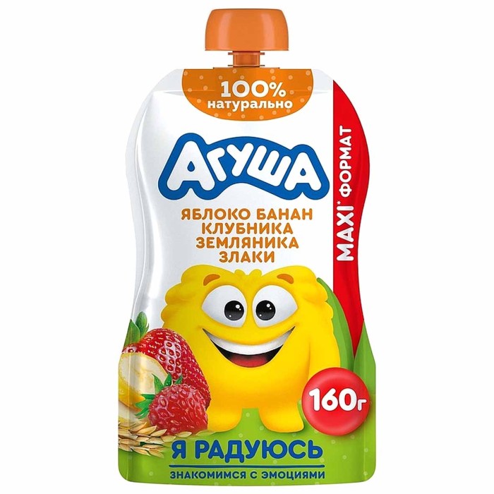 Пюре Агуша Яблоко-банан-клубника-злаки 160гр пауч