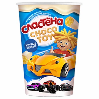 Палочки кукурузные Сластена Choco toy Крутые тачки белый шоколад 100гр м/у