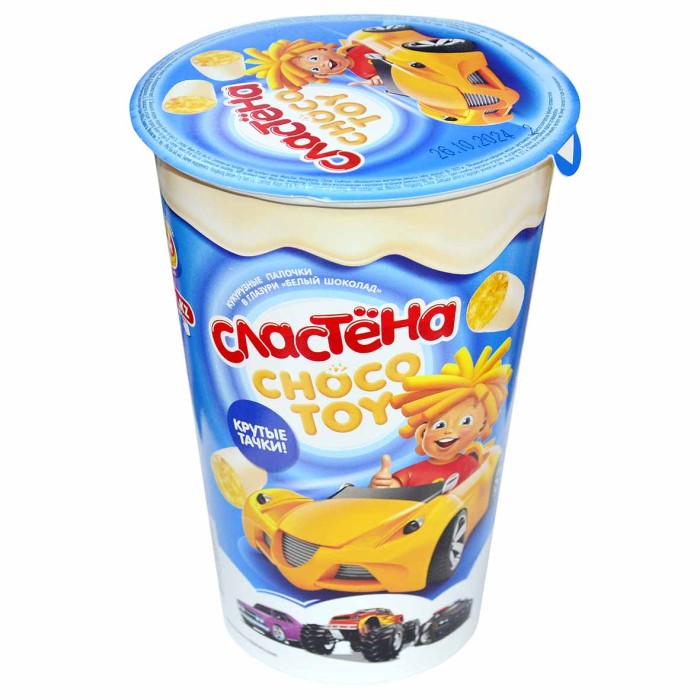Палочки кукурузные Сластена Choco toy Крутые тачки белый шоколад 100гр м/у