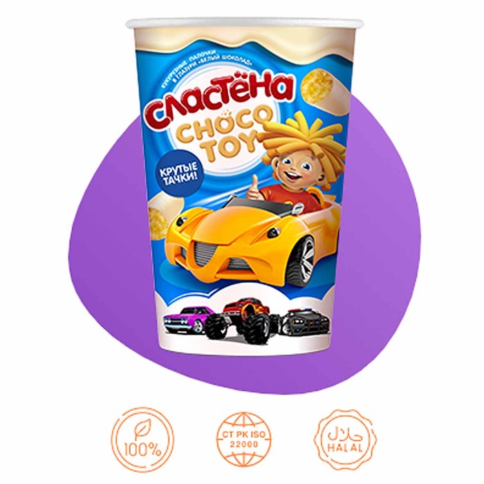 Палочки кукурузные Сластена Choco toy Крутые тачки белый шоколад 100гр м/у