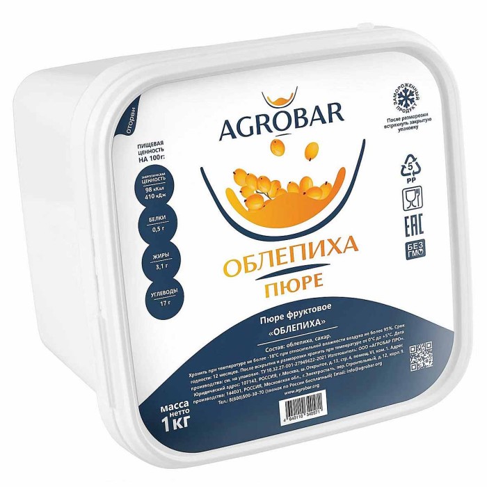 Пюре AGROBAR фруктовое облепиха св/м 1кг пэт