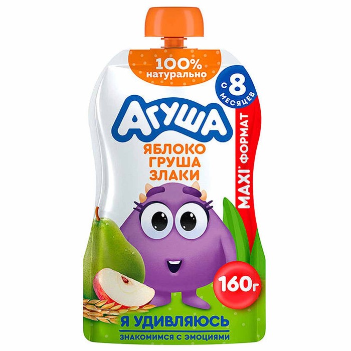 Пюре Агуша Яблоки-груша-злаки 160гр пауч
