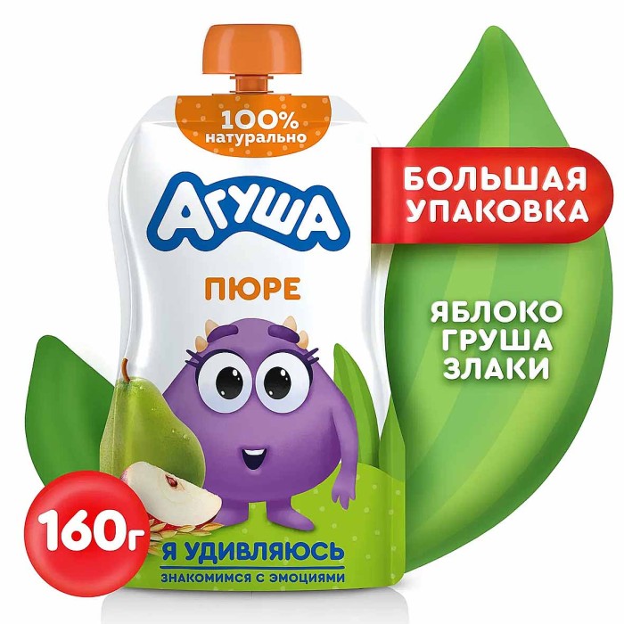 Пюре Агуша Яблоки-груша-злаки 160гр пауч