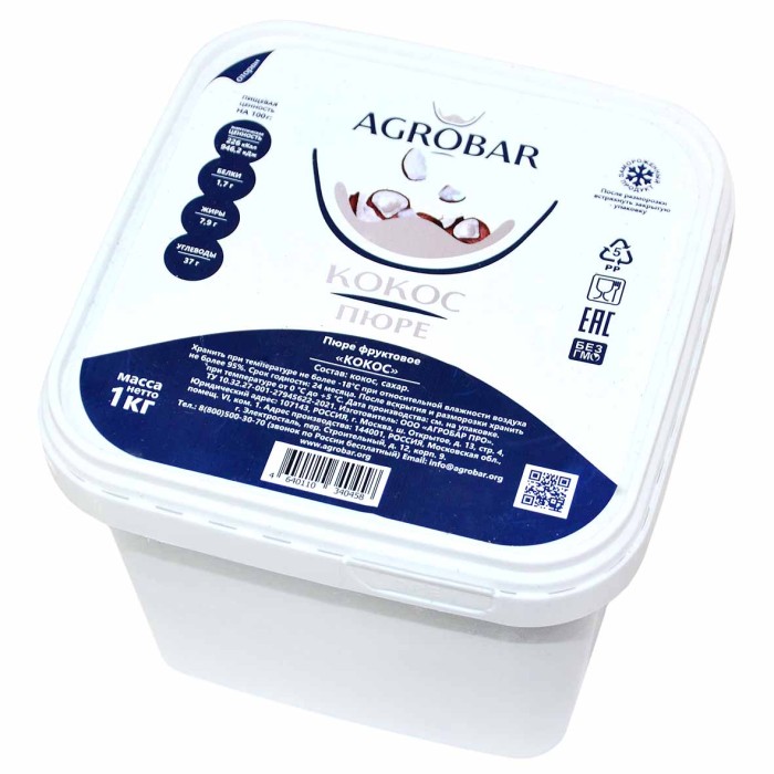 Пюре AGROBAR фруктовое кокос св/м 1кг пэт