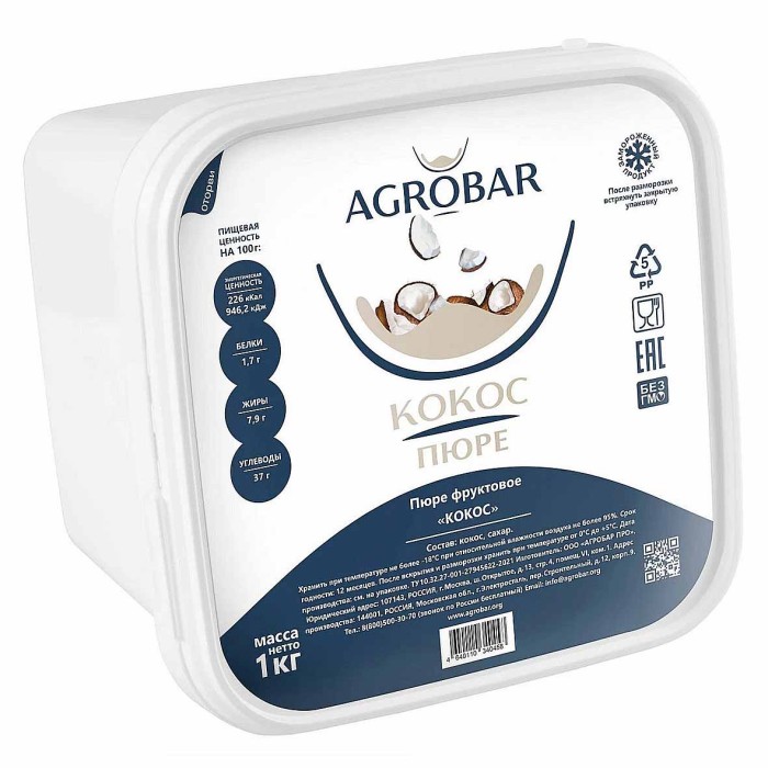 Пюре AGROBAR фруктовое кокос св/м 1кг пэт