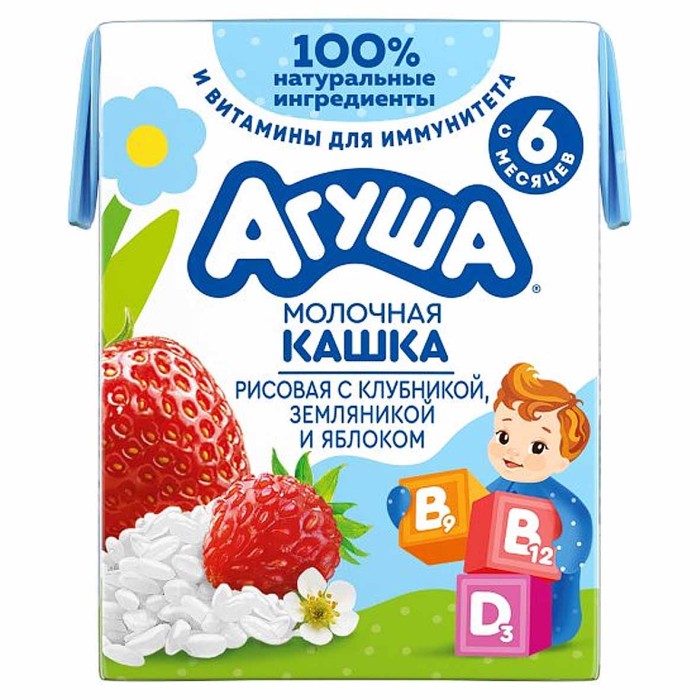 Каша Агуша рисовая молочная клубника-земляника-яблоко с 6мес 0,2л т/п
