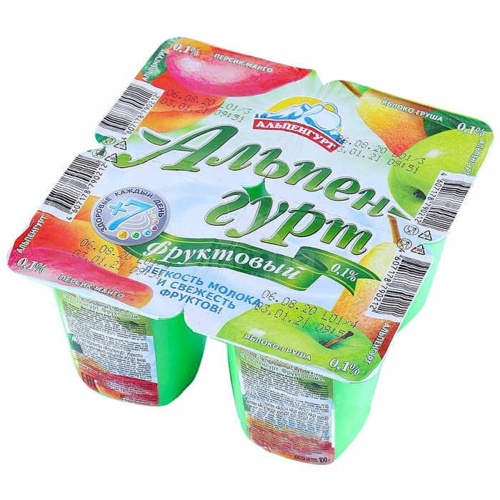 Йогурт Альпенгурт персик- манго-яблоко-груша 0,1% 100гр пэт