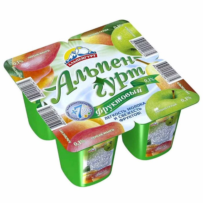 Йогурт Альпенгурт персик- манго-яблоко-груша 0,1% 100гр пэт