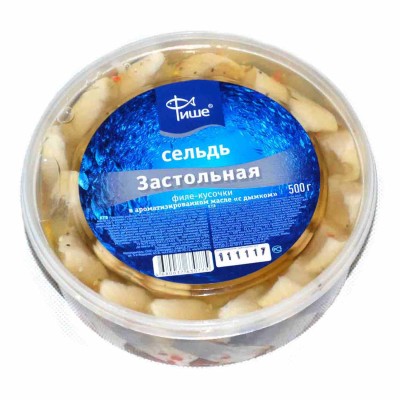 Сельдь Фише Застольная филе-кусочки в ароматизированном масле с дымком 500гр пэт