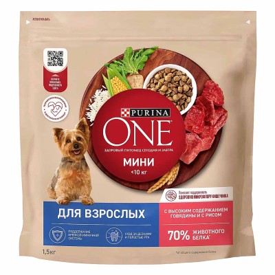 Корм для собак Purina One мини говядина-рис 1,5 кг м/у