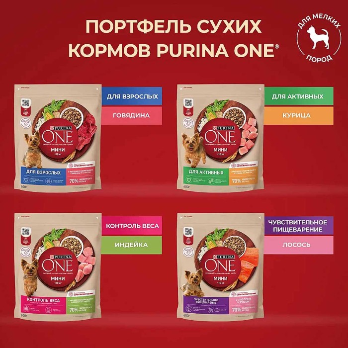 Корм для собак Purina One мини говядина-рис 1,5 кг м/у