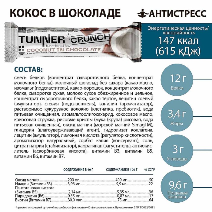 Батончик функциональный Tunner Crunch Кокос в темном шоколаде 40гр