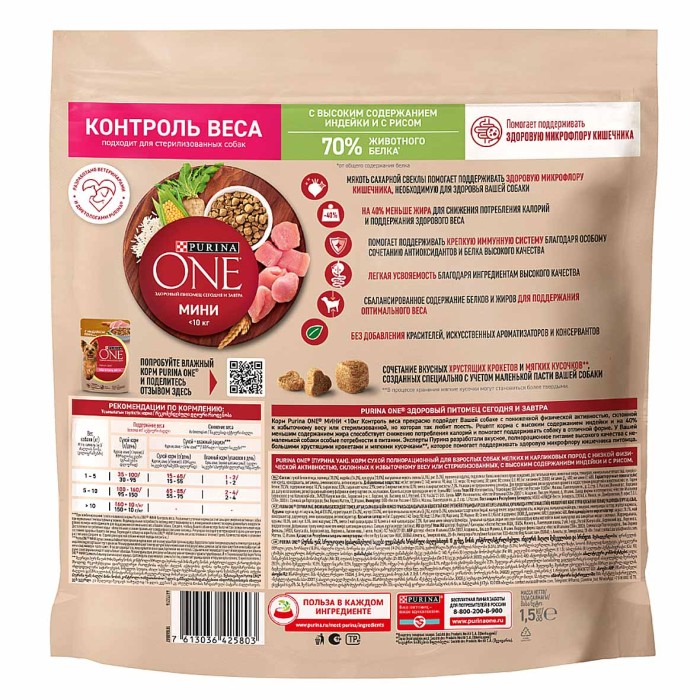 Корм для собак Purina One мини индейка-рис 1,5 кг м/у