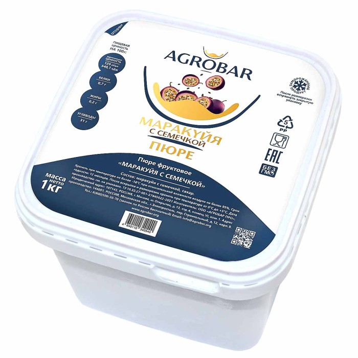 Пюре AGROBAR фруктовое маракуйя с семечкой св/м 1кг пэт