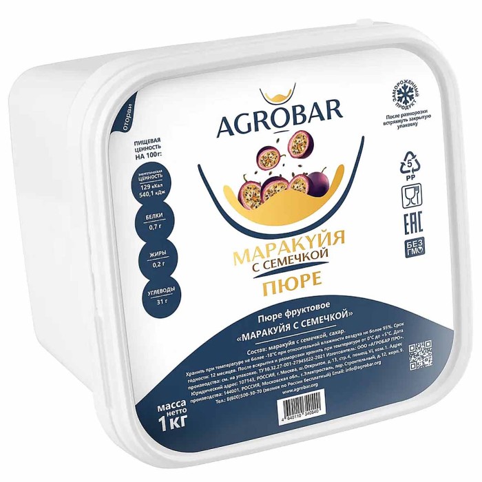 Пюре AGROBAR фруктовое маракуйя с семечкой св/м 1кг пэт