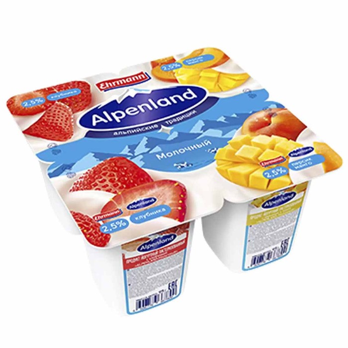 Йогурт Альпенланд клубника-персик-манго 95гр 2,5% пэт