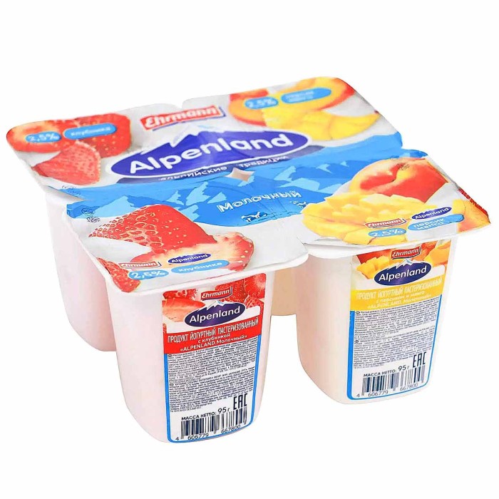 Йогурт Альпенланд клубника-персик-манго 95гр 2,5% пэт