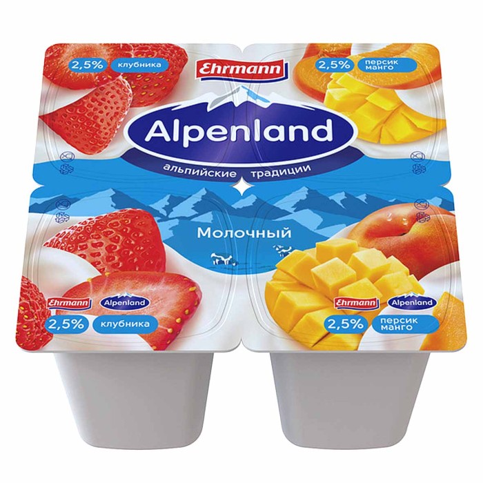 Йогурт Альпенланд клубника-персик-манго 95гр 2,5% пэт