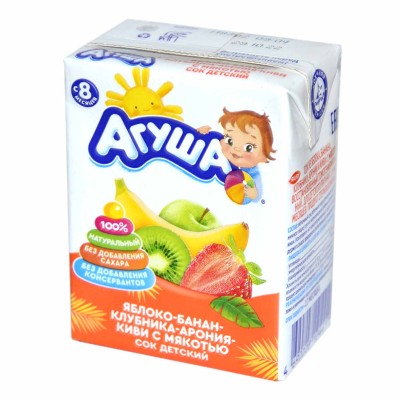 Сок Агуша яблоко-банан-клубника-арония-киви с мякотью с 8мес 200мл т/п