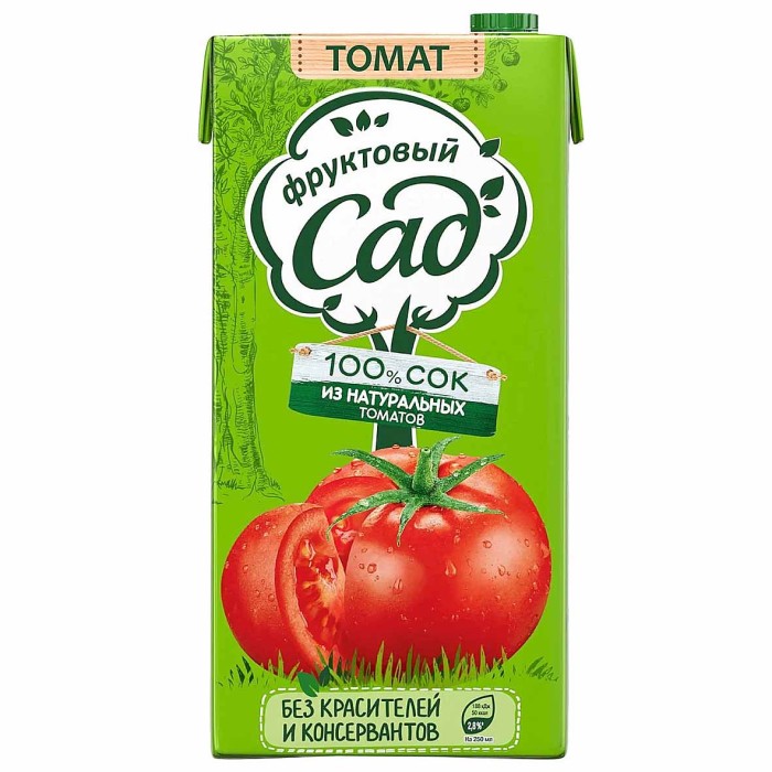 Сок Фруктовый сад томатный с сахаром и солью для детского питания с мякотью, восстанов 1,93л т/п