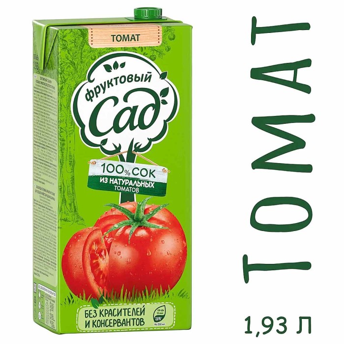 Сок Фруктовый сад томатный с сахаром и солью для детского питания с мякотью, восстанов 1,93л т/п