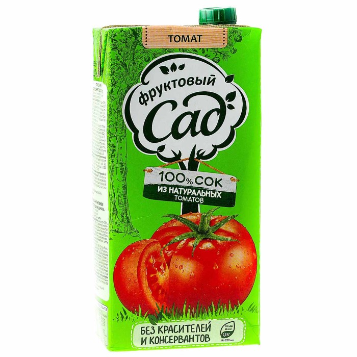 Сок Фруктовый сад томатный с сахаром и солью для детского питания с мякотью, восстанов 1,93л т/п