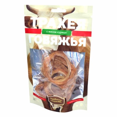 Лакомство для собак Деревенские лакомства трахея говяжья с мясом курицы 50гр в/у