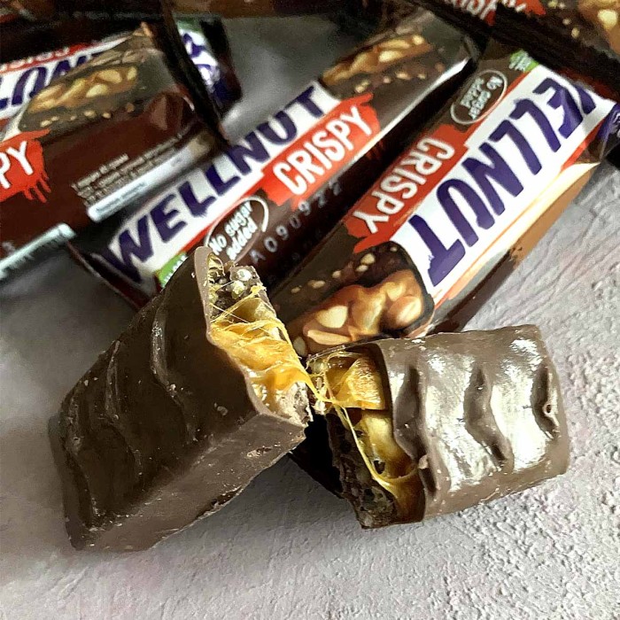 Батончик глазированный Wellnut crispy арахис-карамель 45гр м/у